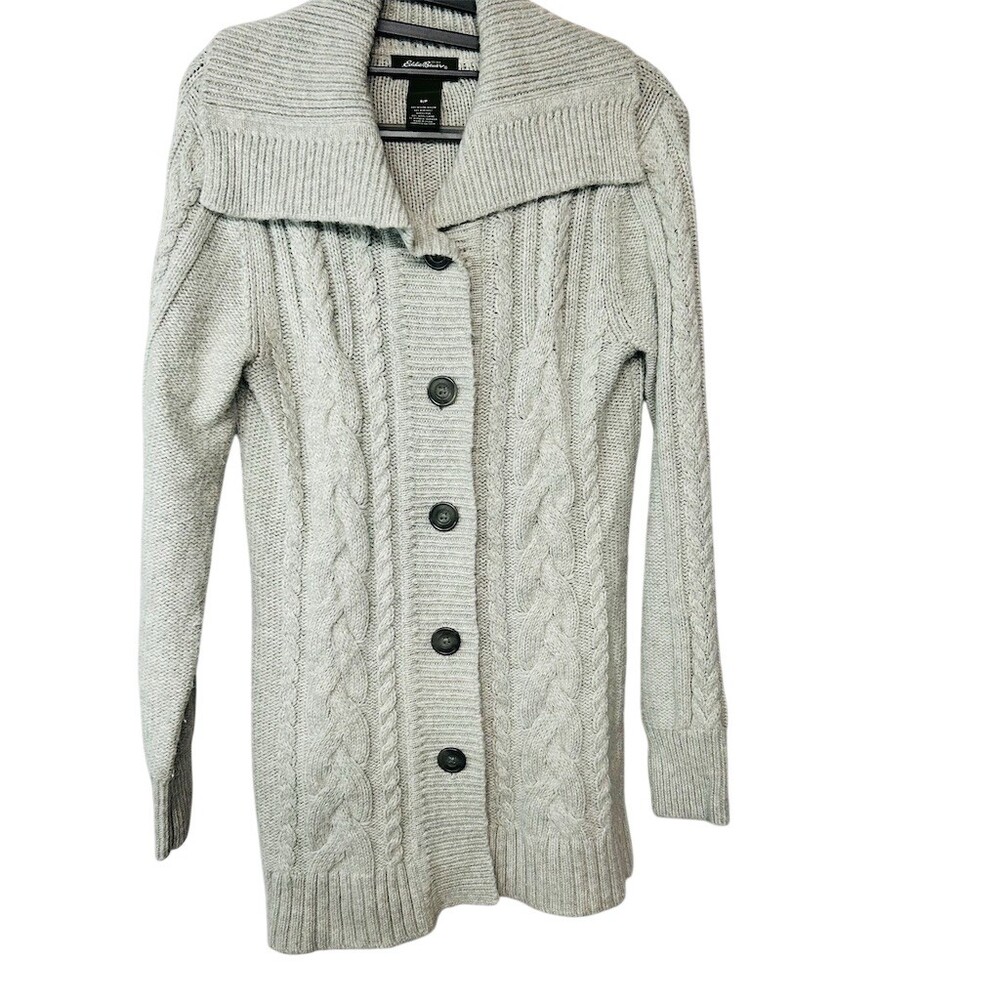 Eddie Bauer Cardigan Sweater Womens Petite S Gray Cable Knit Shawl Collar